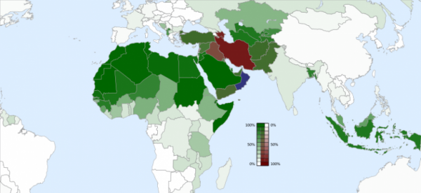 Practitioners of Islam by nation (Wiki Commons map).